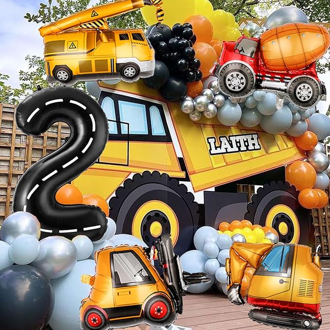 Construction Birthday Decorations 2 Year Old, Large Construction Balloons 40Inch Racetrack Black Number 2 Balloons Construction Truck Foil Balloons for Boys 2nd Construction Birthday Party Supplies