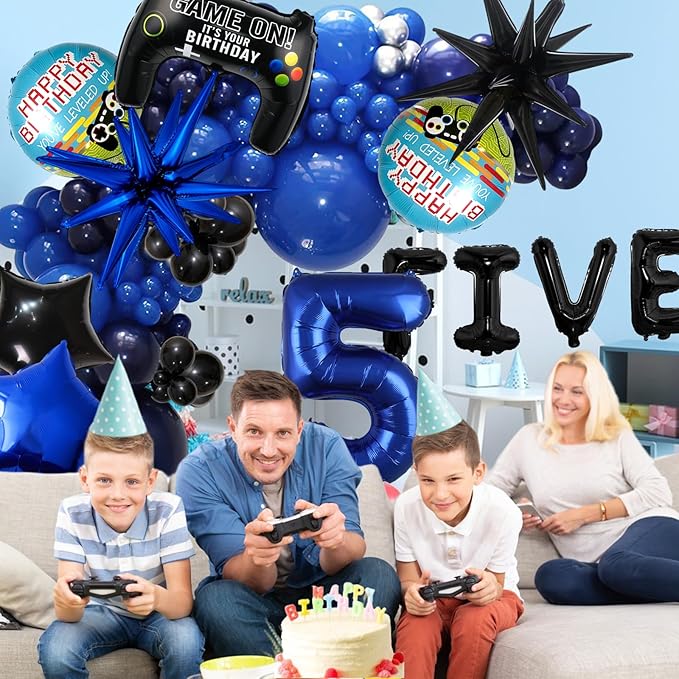 12pcs Video Game Themed Party Decorations, Number 5th Boys Birthday Party Supplies, Navy Blue Video Game Controller Mylar Foil Balloon, Video Game Party Decoration Supplies