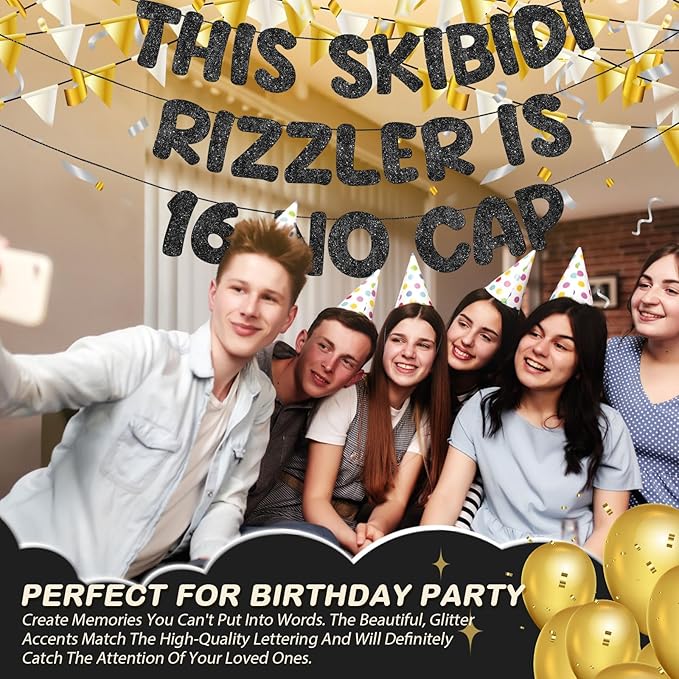 Fulmoon Pre Strung This Skibidi Rizzler Is 16 No Cap Glitter Banner 16th Birthday Party Decorations, Funny Birthday Sign, Party Supplies, Ideas, Gifts, Black