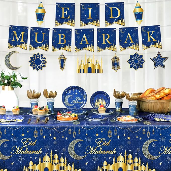 Nuanchu 172 Pcs Eid Mubarak Party Decorations Ramadan Kareem Party Supplies 9" Plates 7" Plates Cups Cutlery Napkins 2 Tablecloths 2 Eid Mubarak Banner for Muslim Islamic Al Fitr , Serves 24