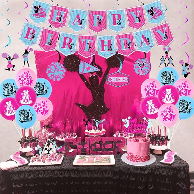 Cheerleading Party Decorations for Girls - Hot Pink Blue Happy Birthday Banner, Cake Topper, Hanging Swirls, Balloons for Cheer Gymnastics We've Got Spirit Party Supplies