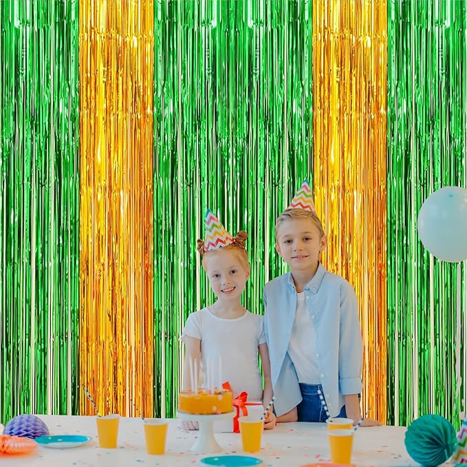 St. Patrick's Day Foil Fringe Curtains, 2 Packs of 3.3x6.6 ft Green Gold Tinsel Fringe Streamers Photo Booth Backdrop for Construction Party Decorations,Backdrop for Irish Themed Decoration