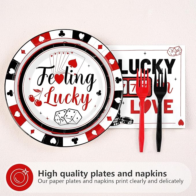 96 Pcs Casino Party Decorations Lucky In Love Plates and Napkins Disposable Black White Red Poker Tableware Set for Las Vegas Night Poker Club Birthday Party Supplies Serves 24