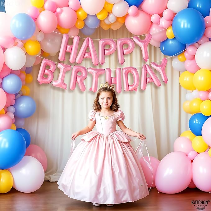 KatchOn, Pink Happy Birthday Balloons Banner - 16 Inch | Happy Birthday Sign | Pink Birthday Decorations | Birthday Balloons Letters | Banner for Happy Bday Decorations
