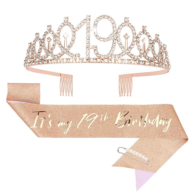 CIEHER 19th Birthday Crown and Sash for Girls, It's My 19 Bday Sash, 19th Birthday Decorations Rose Gold