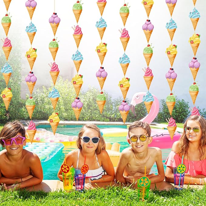 Duraaamo 8 Pack Ice Cream Party Banner Decorations Ice Cream Paper Garland Birthday Paper Hanging Cutouts for Theme Birthday Gender Reveal Party Supplies Decoration