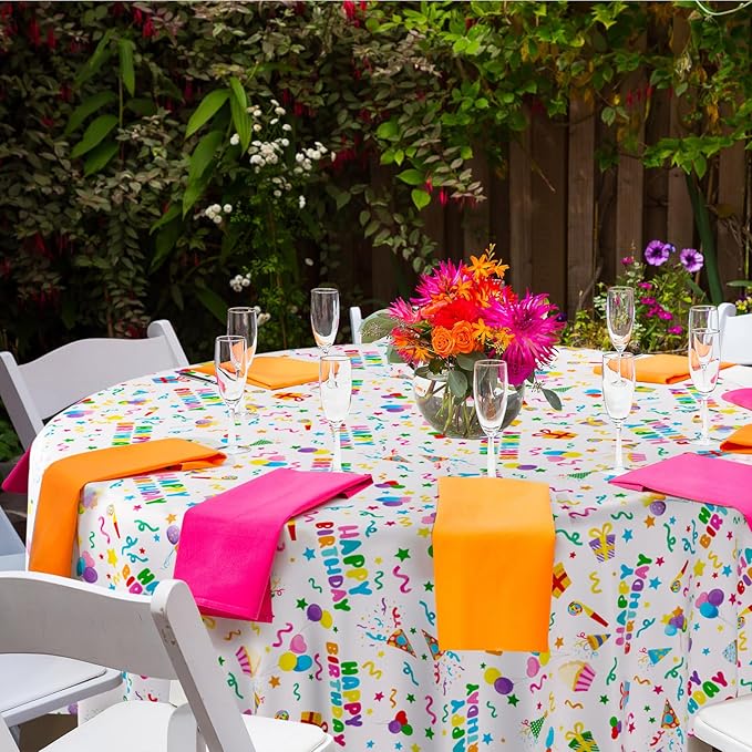 Oudain 3 Pcs Happy Birthday Tablecloth Decorations 84 Inch Plastic Disposable Round Table Covers Waterproof Colorful Balloons Confetti Tablecloth for Women Birthday Party Supplies Baby Shower(White)
