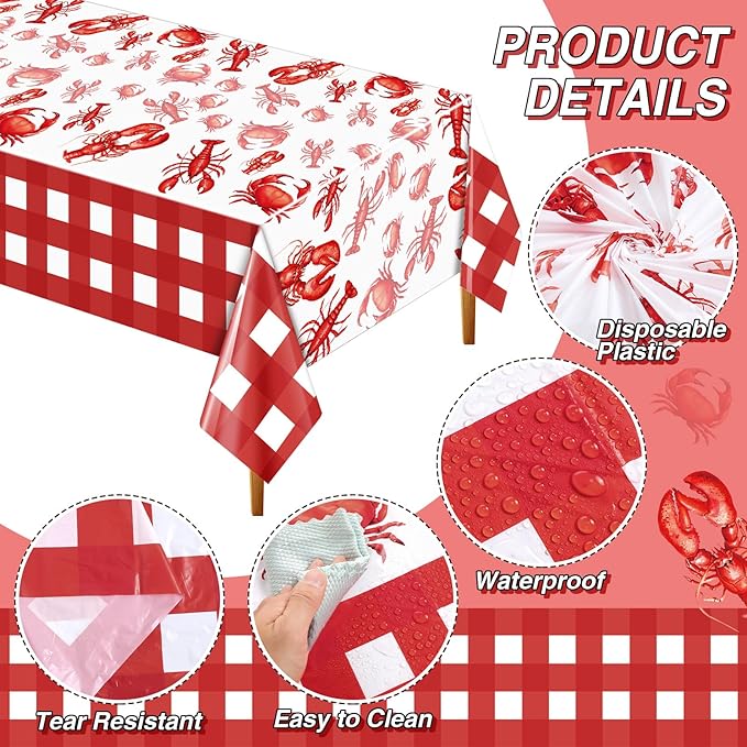 4 Pcs Crawfish Tablecloth Disposable Birthday Party Lobster Table Covers 108 x 54 Inches White and Red Plastic Lobster Table Cloth for Crawfish Boil Party Supplies