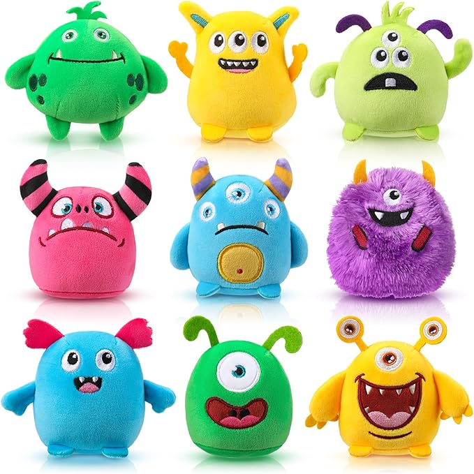 Libima 9 Pcs Mini Stuffed Animals Bulk Adopt a Pet Party Favors 3.15 Inch Small Plush Keychains Cute Ornaments Toys for Baby Shower Birthday Gift Bags Fillers Easter Basket Stuffers(Monsters)