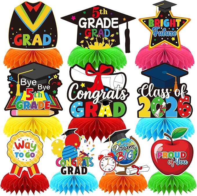 5TH Grade Graduation Party Decorations 2026, 10Pcs Elementary Graduation Honeycomb Centerpieces for Table Congrats Grad Table Topper Decor for Elementary Graduation Party Supplies