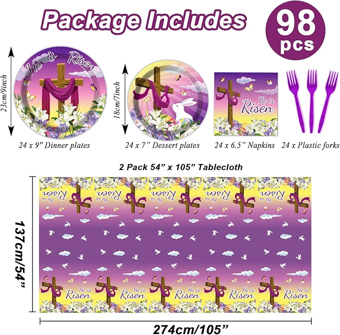 98 Pieces He is Risen Easter Party Decorations Easter He is Risen Tableware Set Religious Plates Napkins Tablecloth Christian Holiday Party Supplies Kit Tablecover Dinnerware Spring Favor