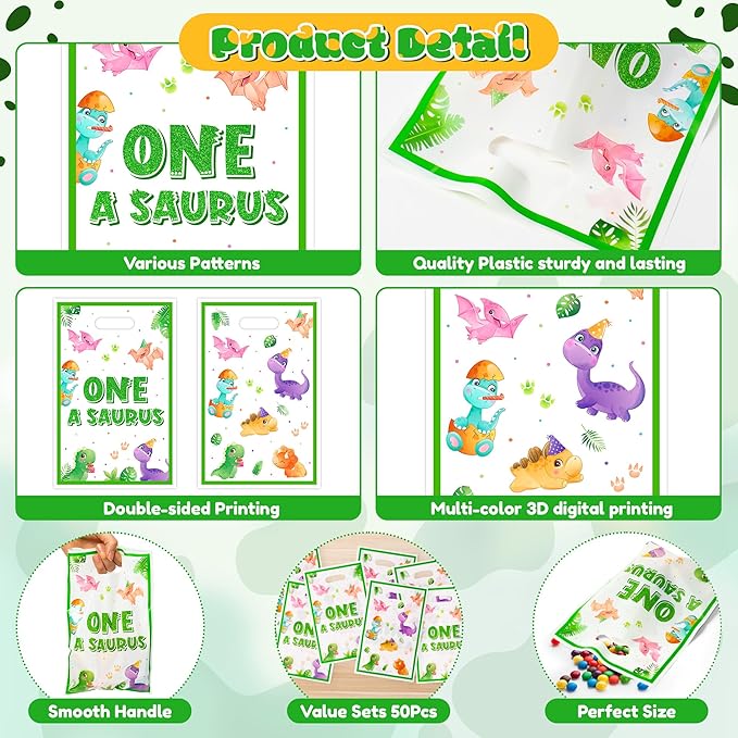 Dinosaur 1st Birthday Party Favor Bags - 50Pcs One A Saurus Green Goody Candy Treat Bags, Cute Dinosaur Theme Plastic One Birthday Party Favor Supplies Decorations for Kids Boys Girls Baby Shower