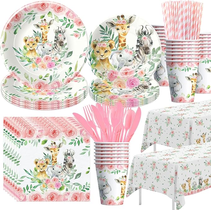 Safari Birthday Decorations Tableware Girl, Jungle Theme Party Supplies, Plate, Cup, Napkin, Tablecloth, Cutlery, Straw, Safari Jungle Animal Birthday Baby Shower Party Decorations | Serve 24