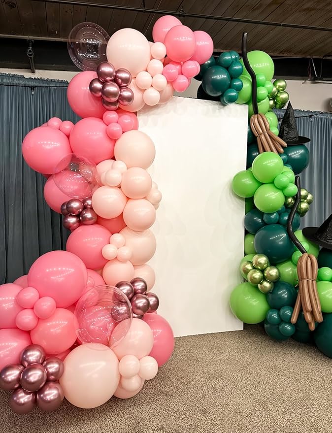 Pink and Green Balloon Garland Arch Kit - Witch Balloon Arch Kit, Pink Green Balloons and Foil Fringe Curtains, Witch Hat Crown Exploding Star Broom Balloons for Birthday,Witch Themed Party Decor