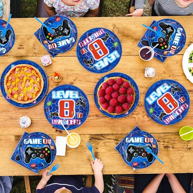 Grencian 96 Pcs 8th Video Game Birthday Party Decorations Blue Video Game Level 8 Birthday Plates and Napkins Tableware Sets for Kids Boys 8 Years Old Gamer Gaming Party Supplies Favors Serves 24
