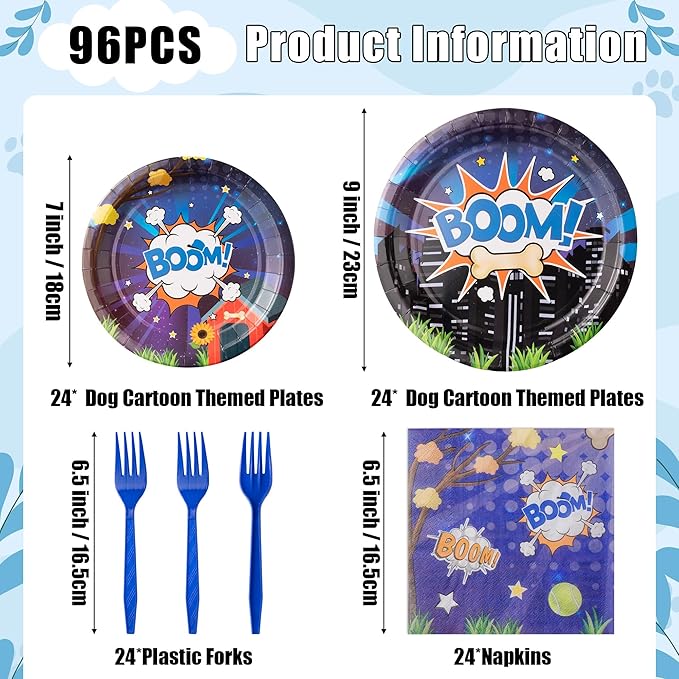 Cartoon Dog Birthday Party Supplies - 96PCS Cartoon Dog Birthday Party Plates and Napkins Forks Disposable Tableware Set Birthday Parties Table Dinnerware Baby Shower Plates Serve 24 Guests