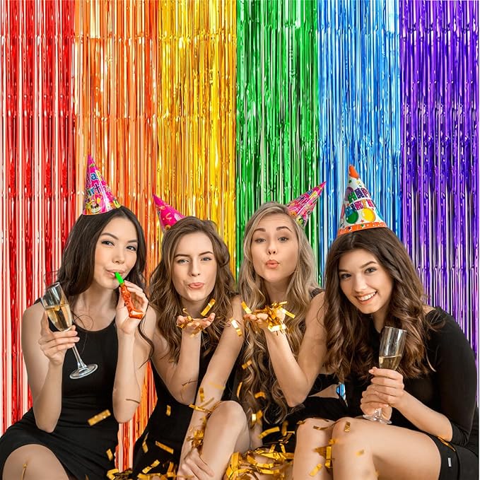 2 Pack Rainbow Foil Fringe Curtains, 3.3x6.6 Ft Metallic Tinsel Backdrop Party Decorations Door Rainbow Streamers for Birthday Wedding Engagement Decor,Photo Booth Props, Party Supplies