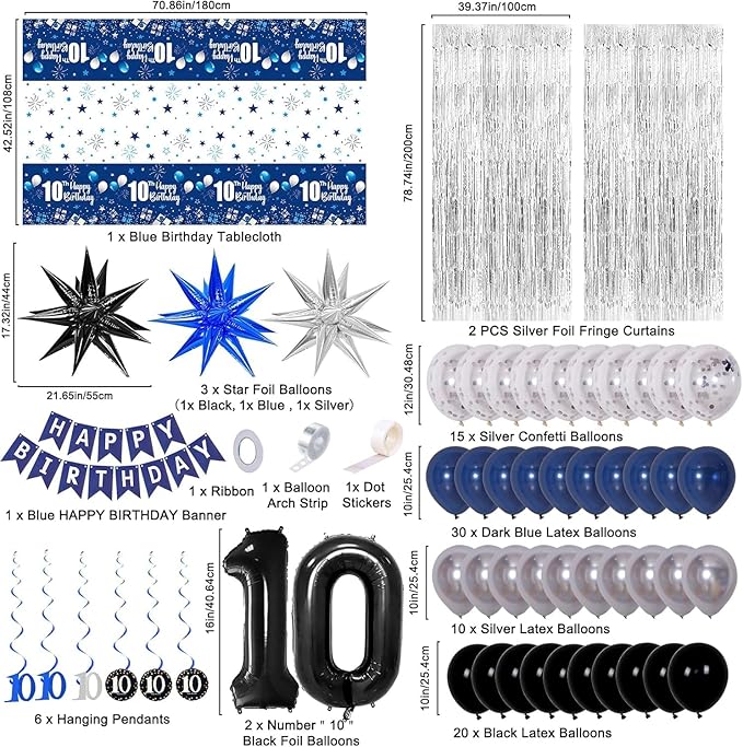10th Birthday Decorations for Boys and Girls Dark Blue, Double Digits Birthday with HAPPY BIRTHDAY Banner 10 Balloon Number Tablecloth Foil Star Balloons Garland Arch Kit-10 Year Old Party Supplies