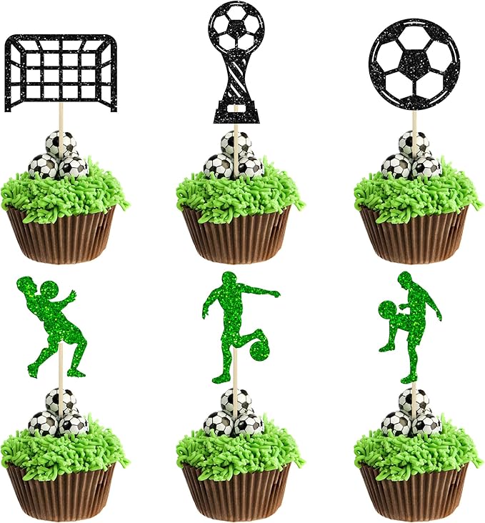 24Pcs Soccer Cupcake Toppers Glitter Soccer Ball Cupcake Picks Sport Cake Decorations Football Theme Birthday Party Baby Shower Kids Boys Men Birthday Party Favors Supplies Green