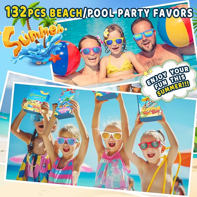 Pool Party Favors - 132PCS Summer Beach Toys for Kids Include Balls, Sunglasses Bulk, Bubble Wands - Party Supplies for Summer Birthday 4-8 8-12