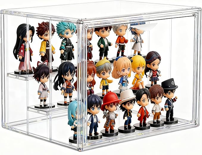 Attelite Clear Acrylic Display Case,3 Tier Display Shelf with 2 Movable Plate, Stackable Protection Showcase for Action Figures, Display Storage Box Countertop with Magnetic Door