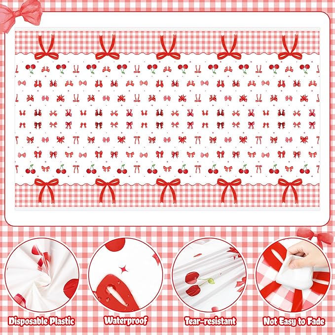 3Pcs Bow Party Tablecloths - Red Cherry Party Table Covers Decorations Bow Themed Rectangular Plastic Disposable Table Cloth Decor for Girls Women Kids Birthday Baby Shower Supplies
