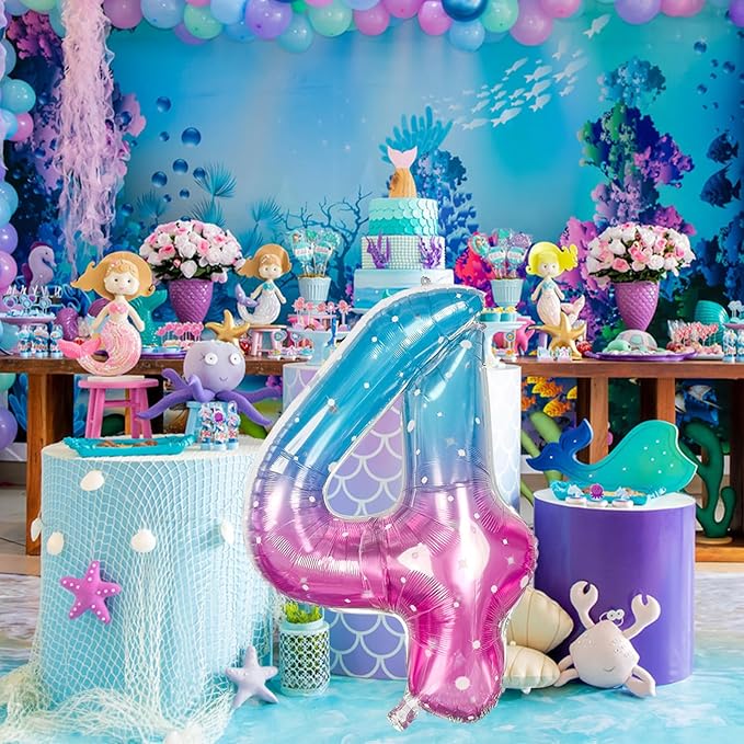 Purple Teal Number 4 Balloons, 40 In Large Mermaid Starry Number 4 Mylar Foil Helium Balloons for Girls, Self Inflating Rainbow Number Four Balloon for Women 4th Birthday Anniversary Party Decoration