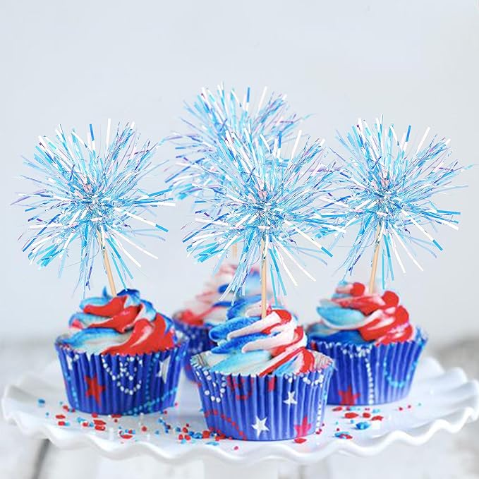 30 PCS Foil Firework Cupcake Toppers Happy Birthday Cupcake Toppers Sparkle Tinsel Flower Drink Stirrers Cocktail Fruit Toothpicks for Valentine's Day Baby Shower Party Cake Decor Supplies Blue