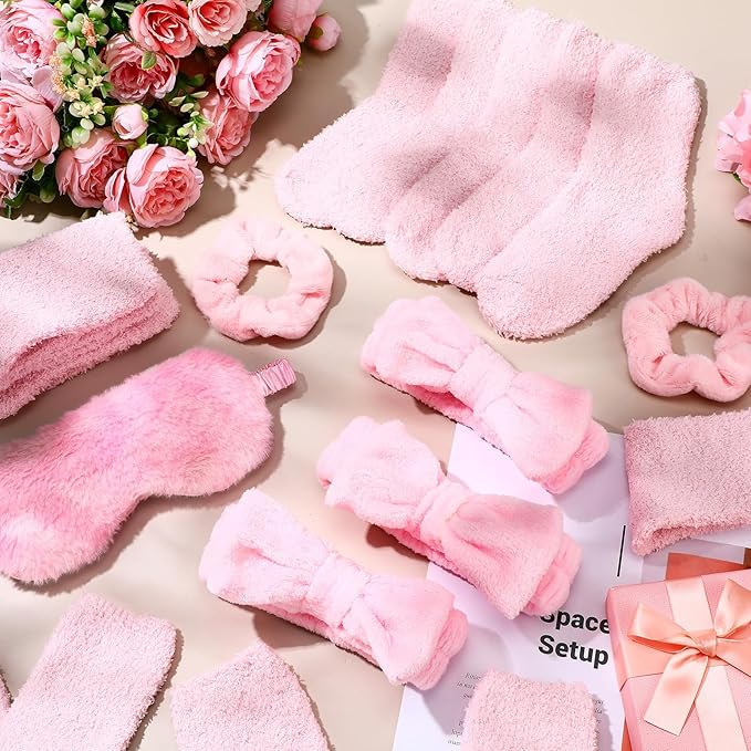 30 Pieces Galentine Spa Sleepover Party Supplies 6 Pink Bow Headband 6 Plush Sleep Eye Mask 6 Velvet Scrunchies 6 Pair Fuzzy Sock for Spa Slumber Party Favors Valentine Gift