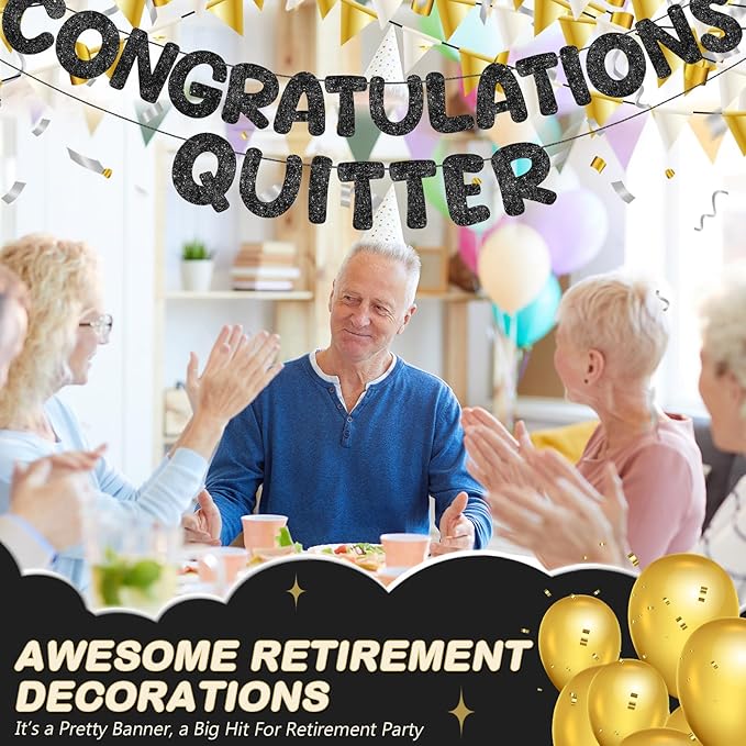 Fulmoon Pre Strung Congratulations Quitter Glitter Banner Funny Retirement Banner Graduation Party Decorations Going Away Supplies Garland for Men Women Gifts, No DIY(Black)