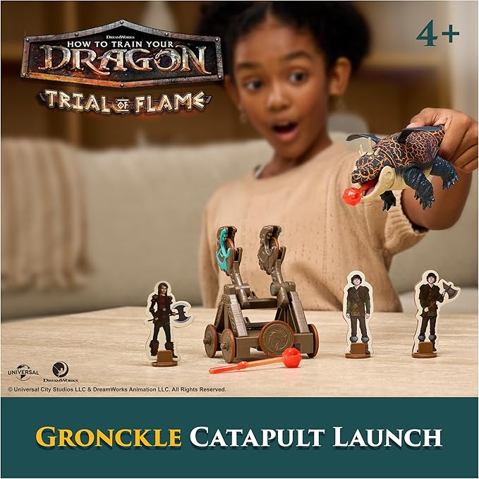 DreamWorks Dragons, Trial of Flame, Blazing Battles Catapult Blast Gronckle Playset, Dragon Figure Playset with 3 Cardboard Viking Figures for Ages 4 and up