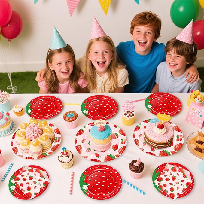 OuMuaMua Strawberry Birthday Decorations, 75 Pcs Disposable Fruit Paper Plates and Napkins Tableware Set for Summer Sweet One 1st Baby Shower Berry First Strawberry Themed Party Supplies, Serves 25