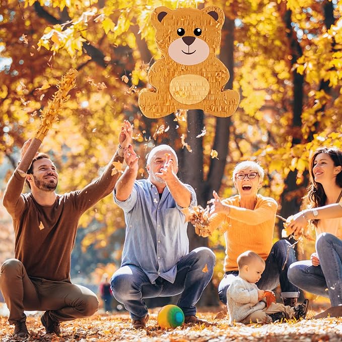 Lewtemi 14.5 Inch Bear Piñata Bear Themed Birthday Party Supplies Animal Piñata with Wood Bat Stick, Paper Blindfold and Confetti for Valentine Baby Shower Party Decor Kid Adult Boy Girl