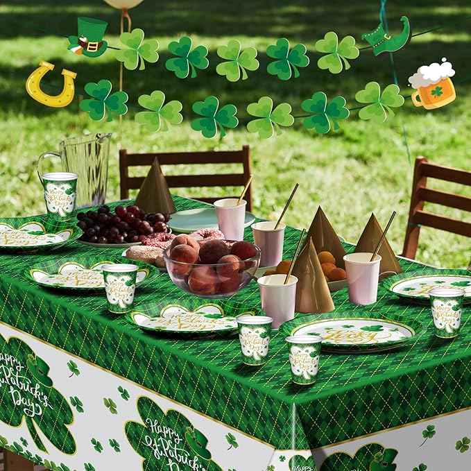 St. Patrick's Day Party Supplies Tableware Set Irish Themed Tableware with Lucky Shamrock Paper Plates Napkins Cups Tablecloth Banner for St. Patrick's Day Party Decorations, Serves 24