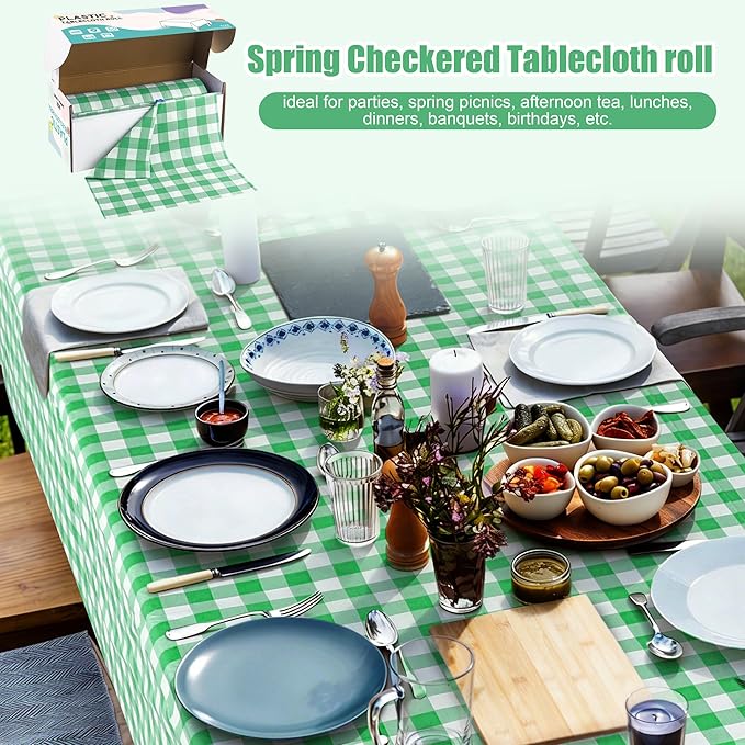 Kochorie 54 Inch x 300 Ft Light Green Checkered Plastic Table Cloth Roll Disposable Waterproof Table Cover Plastic Table Cover Roll with Easy Slide Cutter for Outdoor Picnic/Home Dining/Spring Party