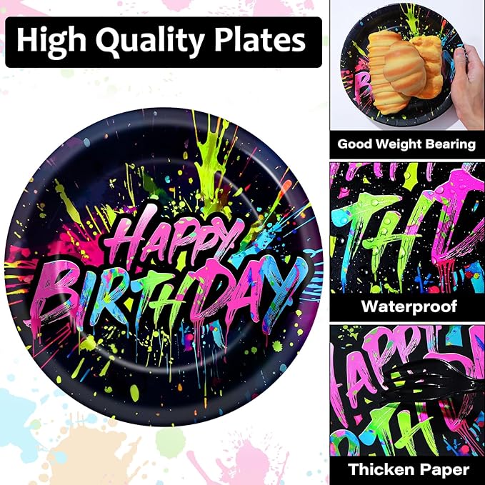 60PCS Neon Birthday Party Plates Glow Happy Birthday Party Supplies 7Inch Neon Dessert Plates Tableware Supplies Disposable Glow in the Dark Colorful Graffiti Dinnerware for K-Pop Parties Favors