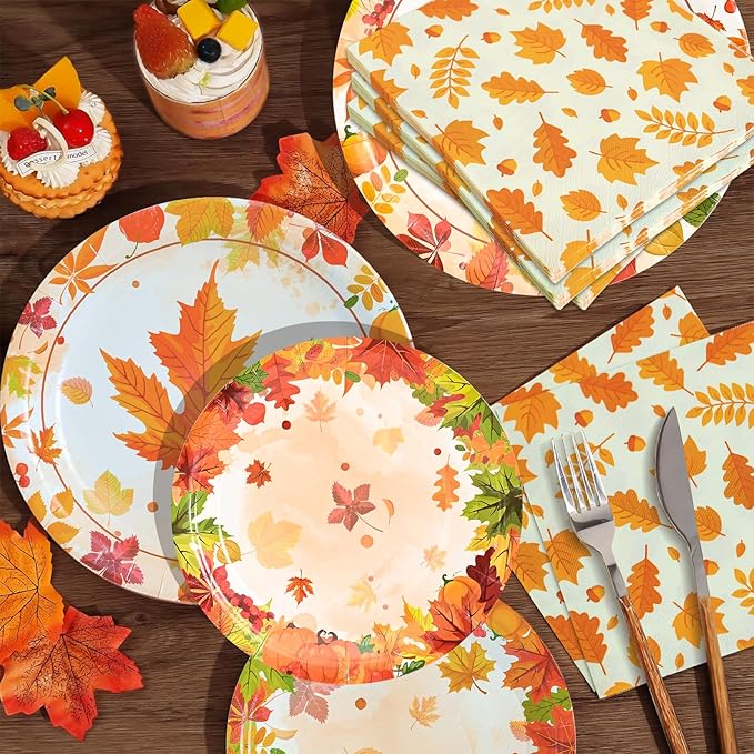 180Pcs Thanksgiving Paper Plates and Napkins Sets,Fall Plates and Napkins Disposable Fall Party Supplies for Thanksgiving Autumn Harvest Table Decor, 60 Guests