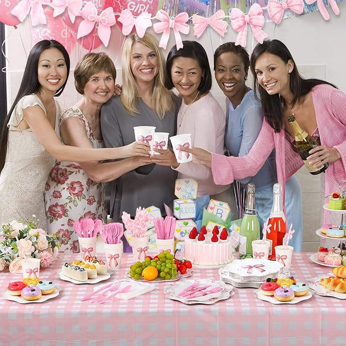 Sawysine 202 Pcs Pink Bow Party Supplies Serve 25 Disposable Dinnerware Set Coquette Birthday Decoration, 50 Bow Plates 25 Cups 25 Napkins 25 Plastic Forks 25 Knives 25 Spoons 25 Straw Flag Tablecloth