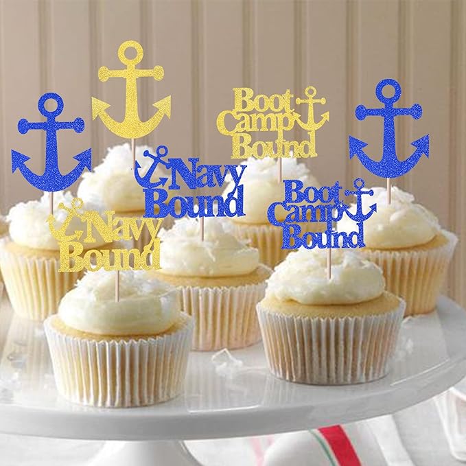 24 Pack Military Themed Cupcake Toppers Boot Camp Bound Cupcake Picks Navy Bound Themed Cupcake Decorations Welcome Ceremony Army Birthday Party Cake Decorations Supplies Blue