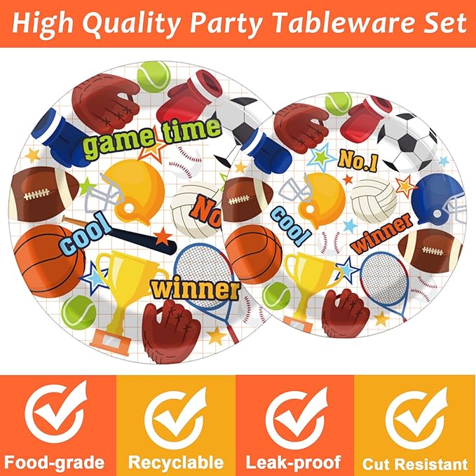 Tevxj 96PCS Sports Birthday Tableware Set Superstar Dinnerware Disposable All Star Birthday Party Plates Napkins Forks for Basketball Baseball Soccer Party Decorations Supplies 24 guests