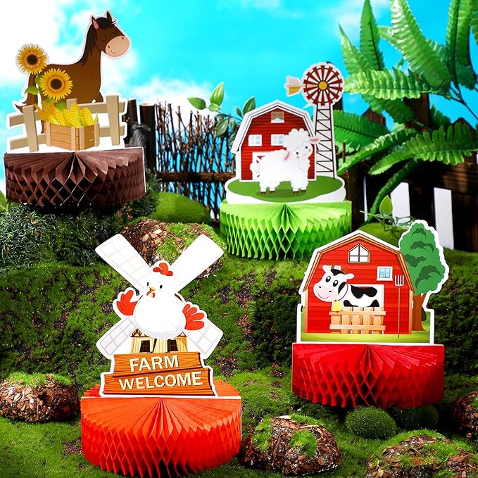 Threan 6 Pcs Farm Animals Party Decorations Birthday Honeycomb Centerpieces Farm Animals Table Topper Colorful Barn Cow Duck for Birthday Party Decoration Favor Supplies Double Sided Table Photo Props