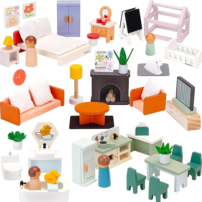 PairPear Wooden Dollhouse Furniture Set – 56-Piece Modern Family Home with 5 Rooms, Solid Wood Dollhouse Furniture for Kids, Montessori-Inspired Pretend Play Toy, Ages 3+