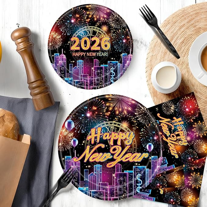 96 Pieces Happy New Year 2026 Tableware Set – Fireworks and City Night Skyline Disposable Plates, Napkins, and Forks for New Year’s Eve Parties, Countdown Celebrations – Serves 24 Guests