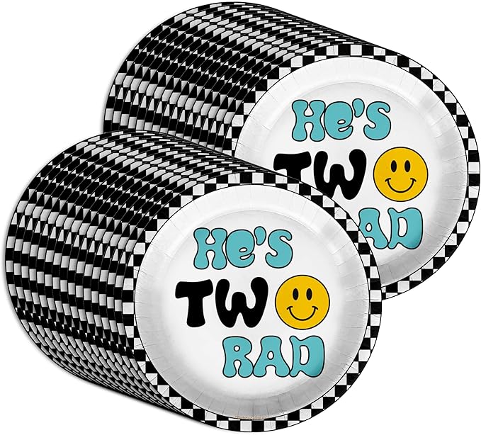 Two Rad Smiley Face Second Birthday - 32 Piece Disposable Party Supplies - Decorations for 2nd Birthday Round Party Plates - Large 9" Paper Plates In Bulk