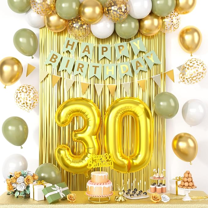 30th Birthday Decorations for Men Women, sage green Happy Birthday Party Decorations With gold Number 30 Balloons Gold Confetti Balloons Fringe Curtain Cake Topper For 30th Party Supplies