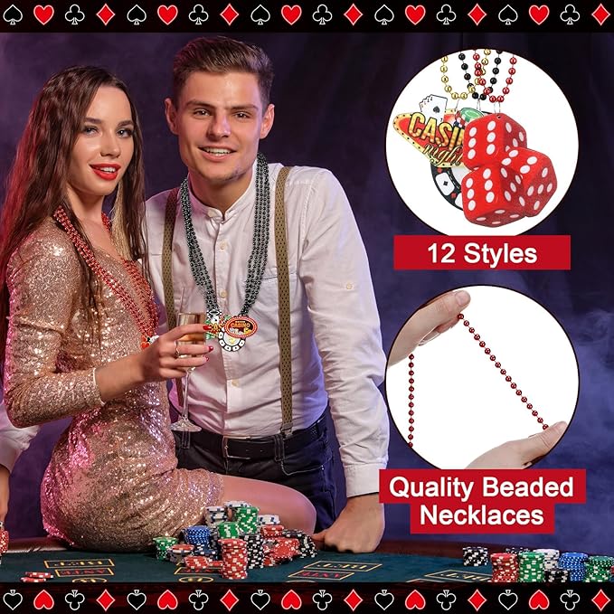 Landical 36 Pcs Casino Night Party Supplies 12 Beaded Necklaces 12 Hat Headbands 12 Paper Night Glasses Prop Accessories Tiaras Poker Dice Sign Casino Party Favors Las Vegas Game Decorations