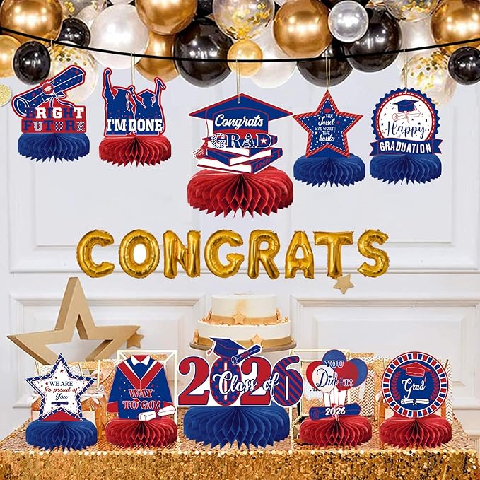 10PCS Graduation Party Decorations Class of 2026 Congrats Grad Table Centerpieces Congratulate Graduation Honeycomb Table Toppers for Graduation Party Supplies(Blue Red)