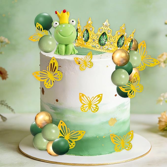 Frog Princess Cake Decorations Princess Fairy Birthday Party Decorations Frog Cake Topper Butterfly Garden Baby Shower Decor Golden Crown Birthday Party Supplies