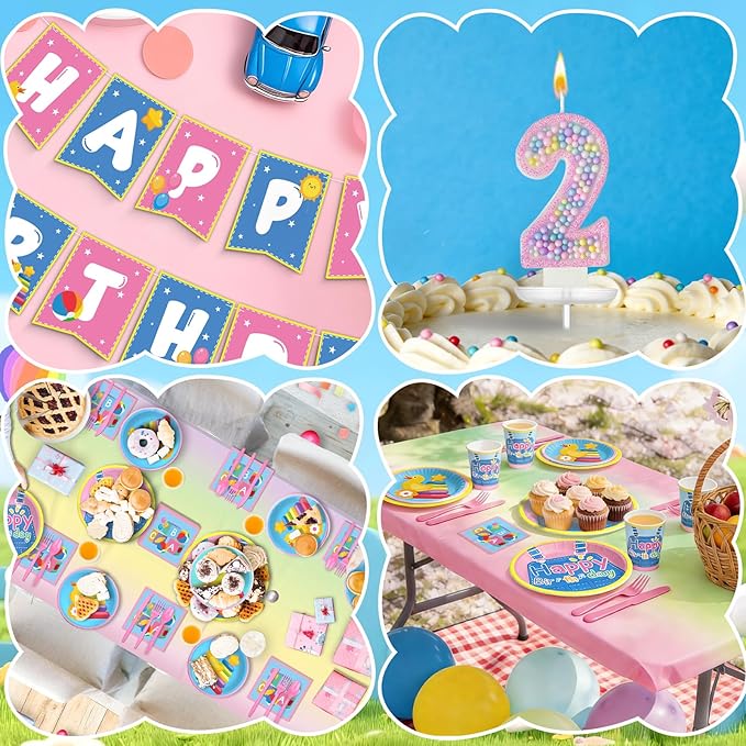 English Teacher Party Supplies, Fufuddz Rainbow Birthday Decorations Cartoon Teacher Party Plates and Napkins for Girls Boys 2nd Birthday Banner Balloons Tablecloth Candle, Tableware Set for 24 Guests