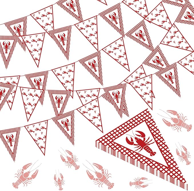 5 Pcs Crawfish Boil Party Decorations Crawfish Pennant Banner Shrimp Boil Pennant Flags Red Plaid Hanging Banner for Lobster Birthday Mardi Gras Summer Shrimp Seafood Boil Party Supplies